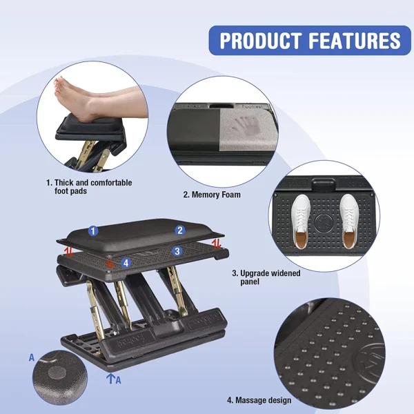 Adjustable Footrest Removable Foam Cushion Under Desk Footrest with Massage Beads for Car Home Office Stool  4-Level Height - Image 3